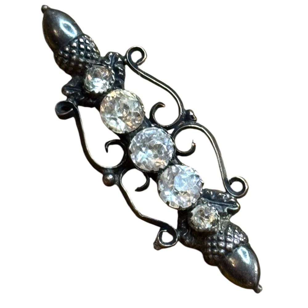 Antique sterling silver 925 Acorn Scottish Crystal bar brooch